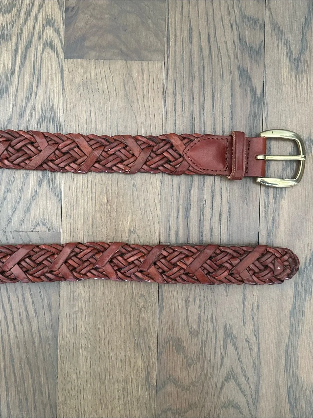 Vintage Talbots Braided Leather Belt Solid Brass Square Buckle Warm Brown Large